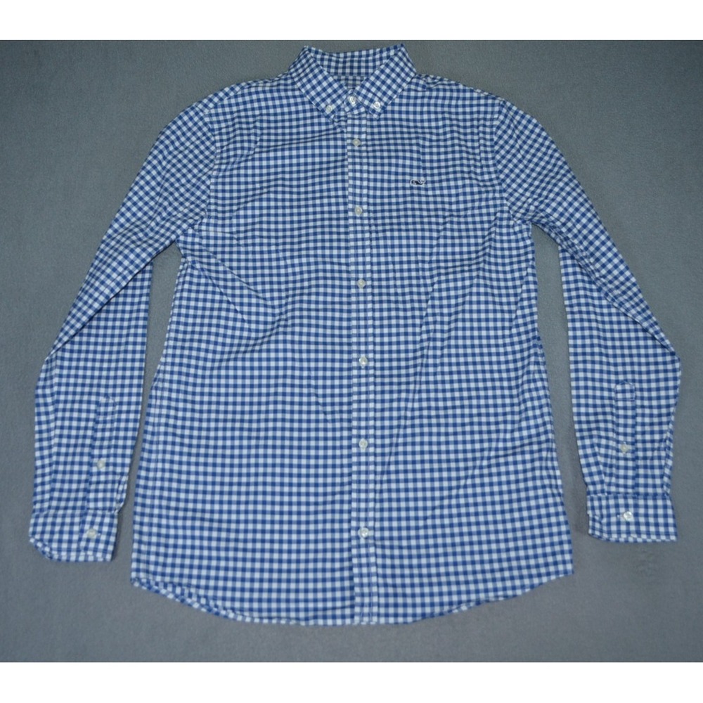 Vineyard Vines Shirt Boys XL (18) Blue Gingham On-The-Go Performance Button Down
